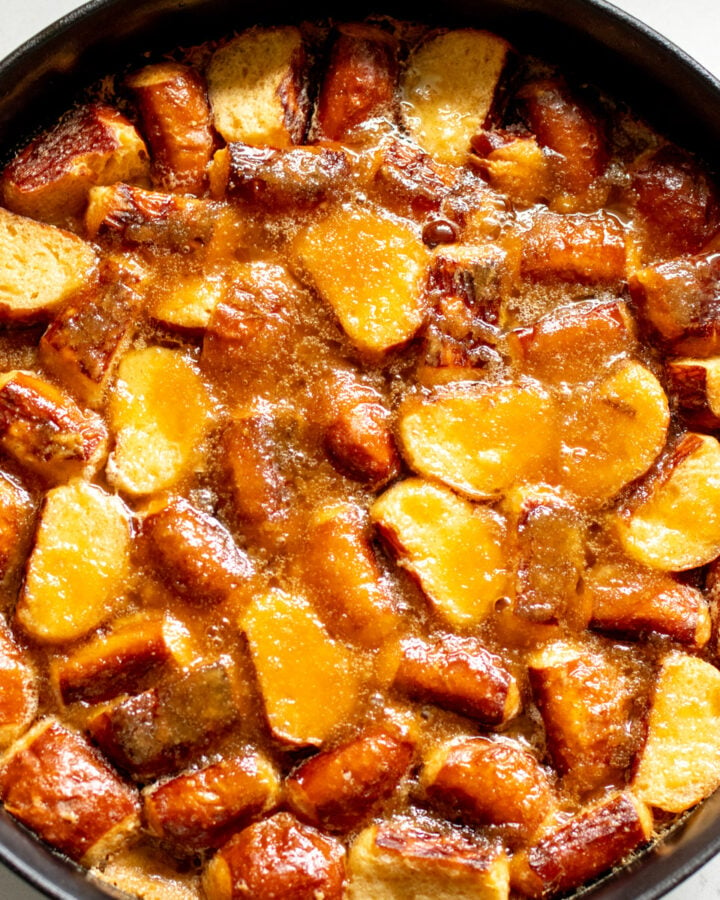 pretzel bread pudding in a cast iron skillet.