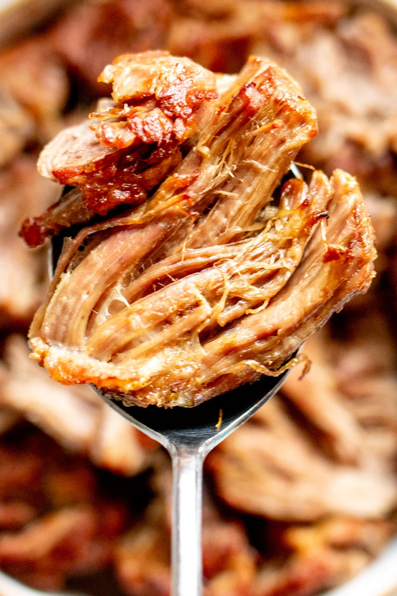 a silver spoon holding shredded pork.