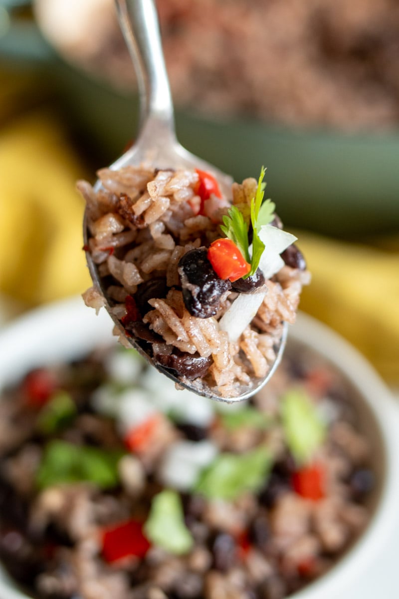 a spoon holding up a scoop of black beans and rice.