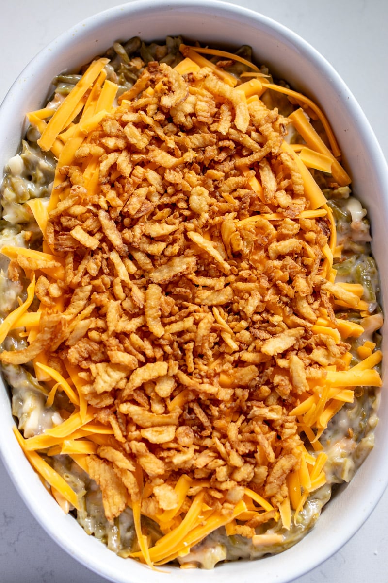 crispy french fried onions on top of green bean casserole.