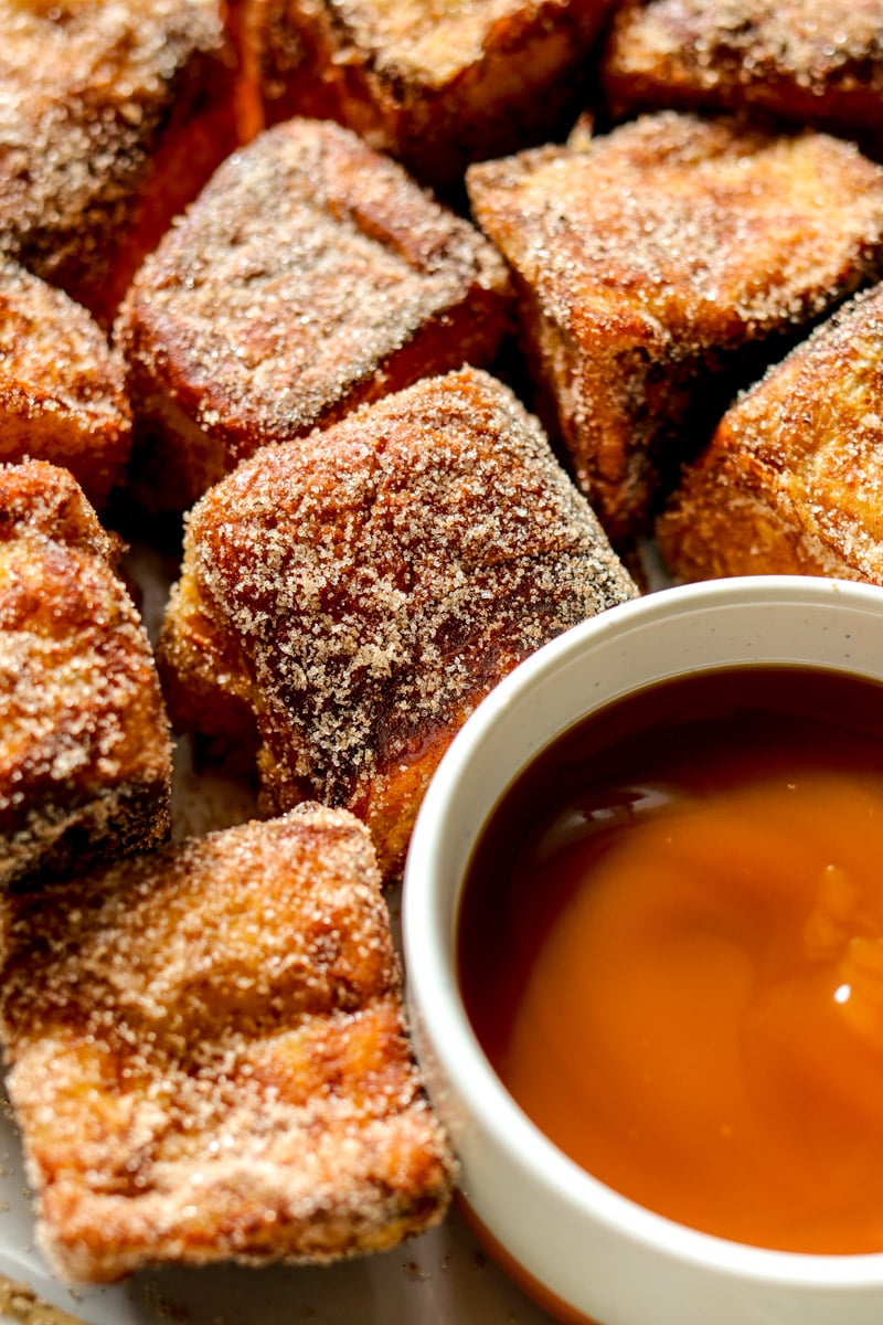 an up close view of the texture of french toast made with kings hawaiian rolls.