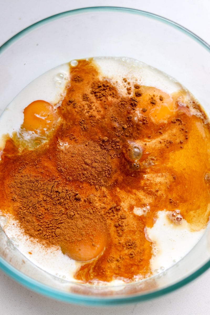 french toast batter in a glass bowl.