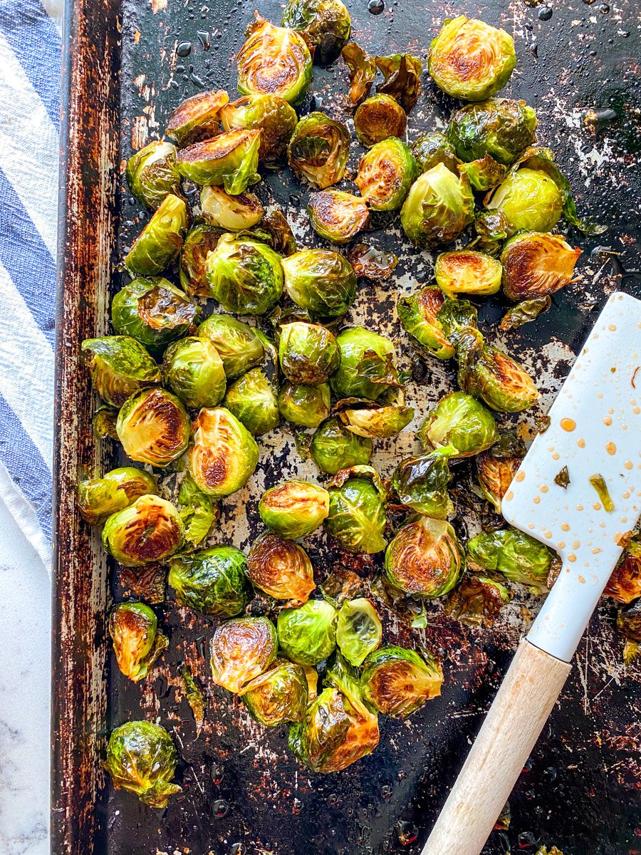 brussels sprouts tossed with a bright red honey sriracha glaze.