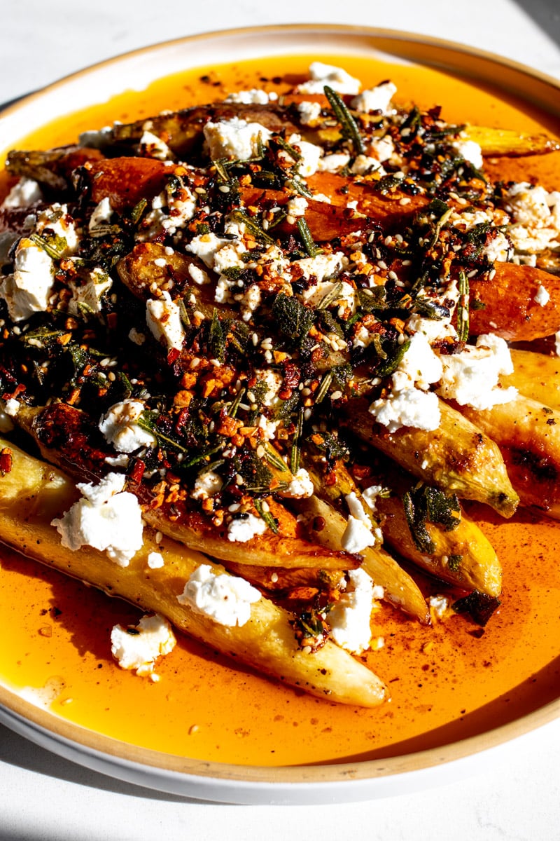 a white plate topped with thanksgiving crispy chili carrots.