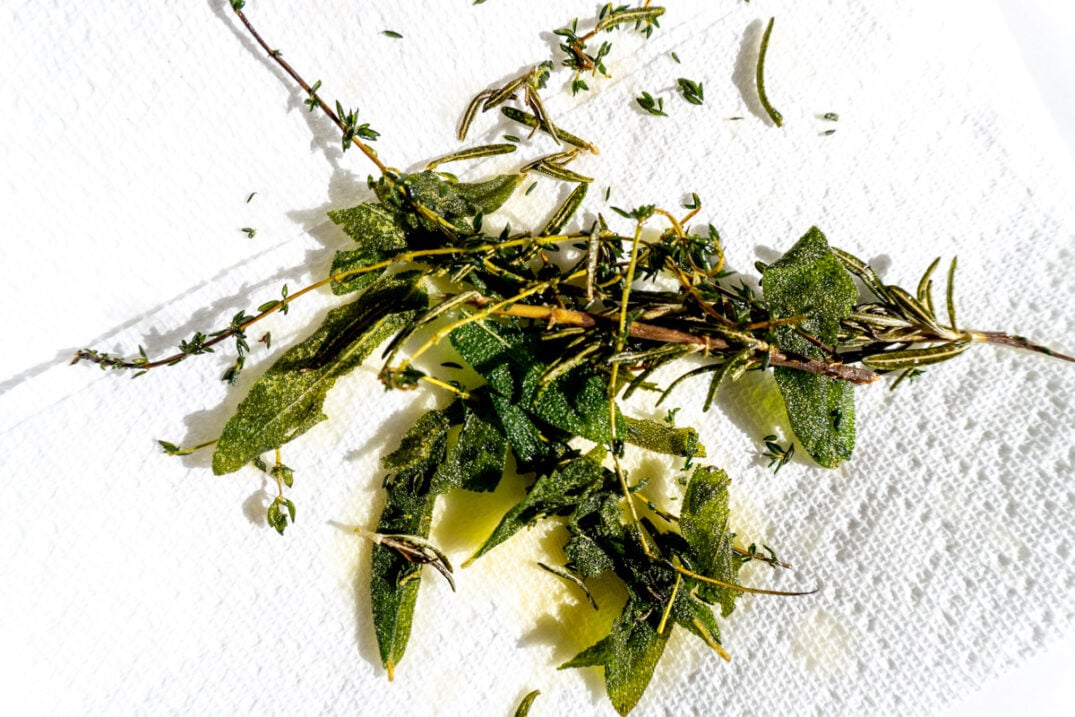 crispy fried herbs on a paper towel. 