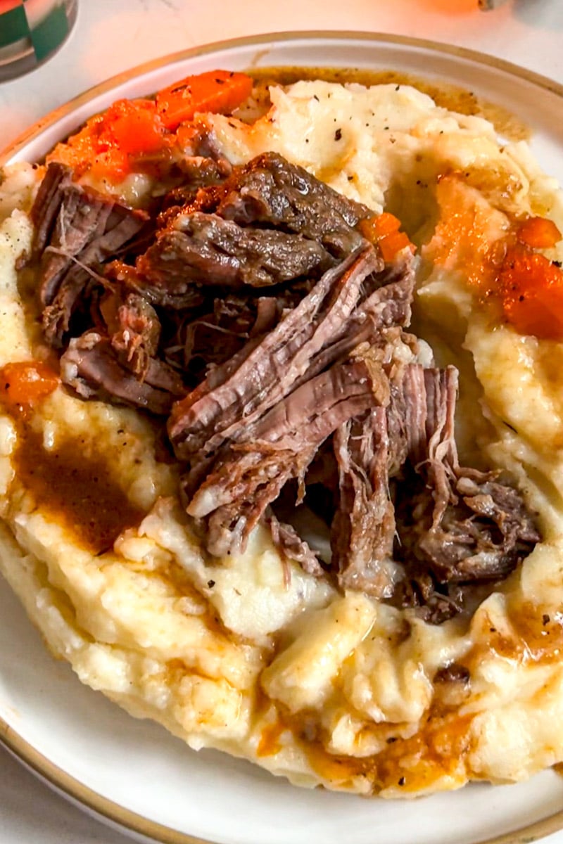 an up close look at the texture of a braised beef short rib.