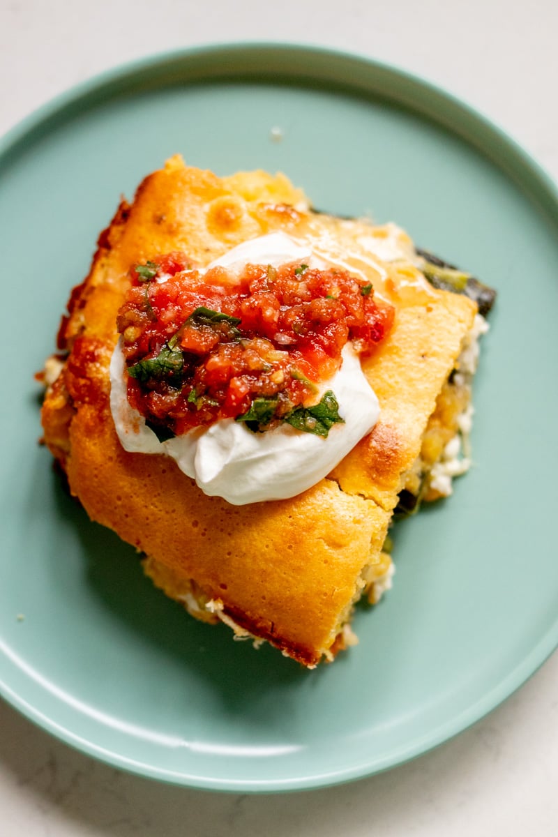 an overhead view of a serving of chile relleno casserole.