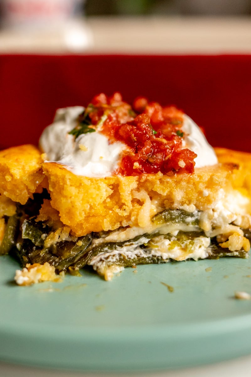 the view of the layers in a chile relleno casserole recipe.