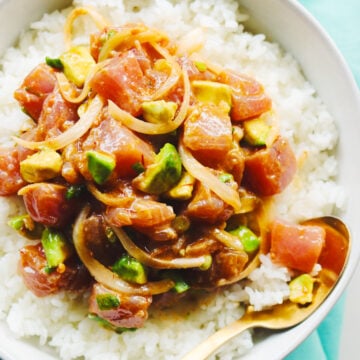 a close up of a bowl of raw tuna salad aka poke.