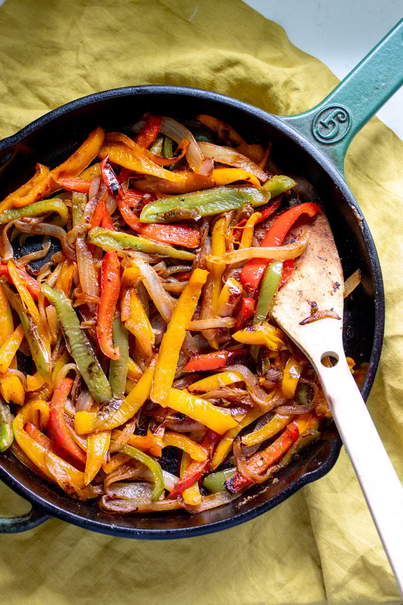 a skillet full of smoking hot veggie fajitas.