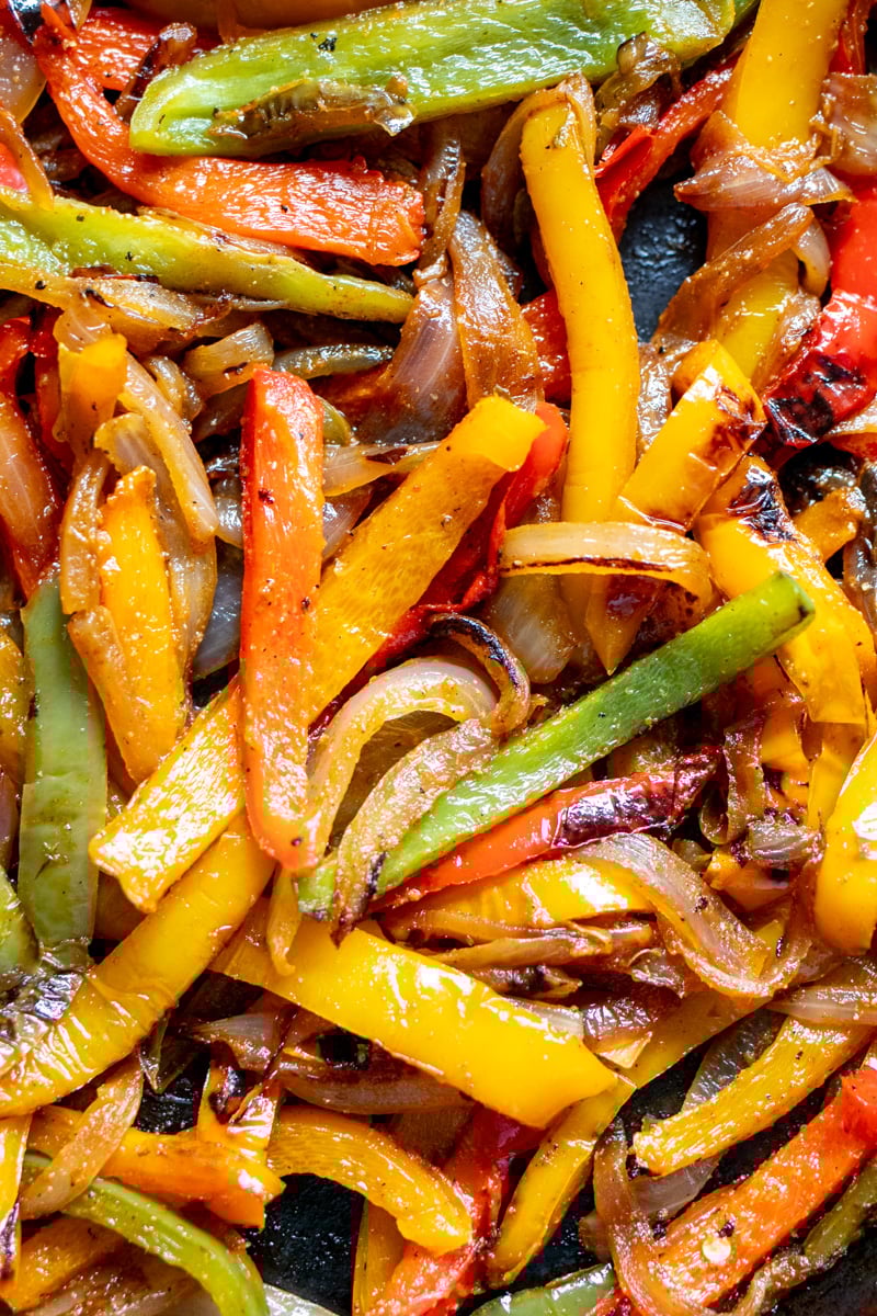 a close up of the texture of fajita veggies.