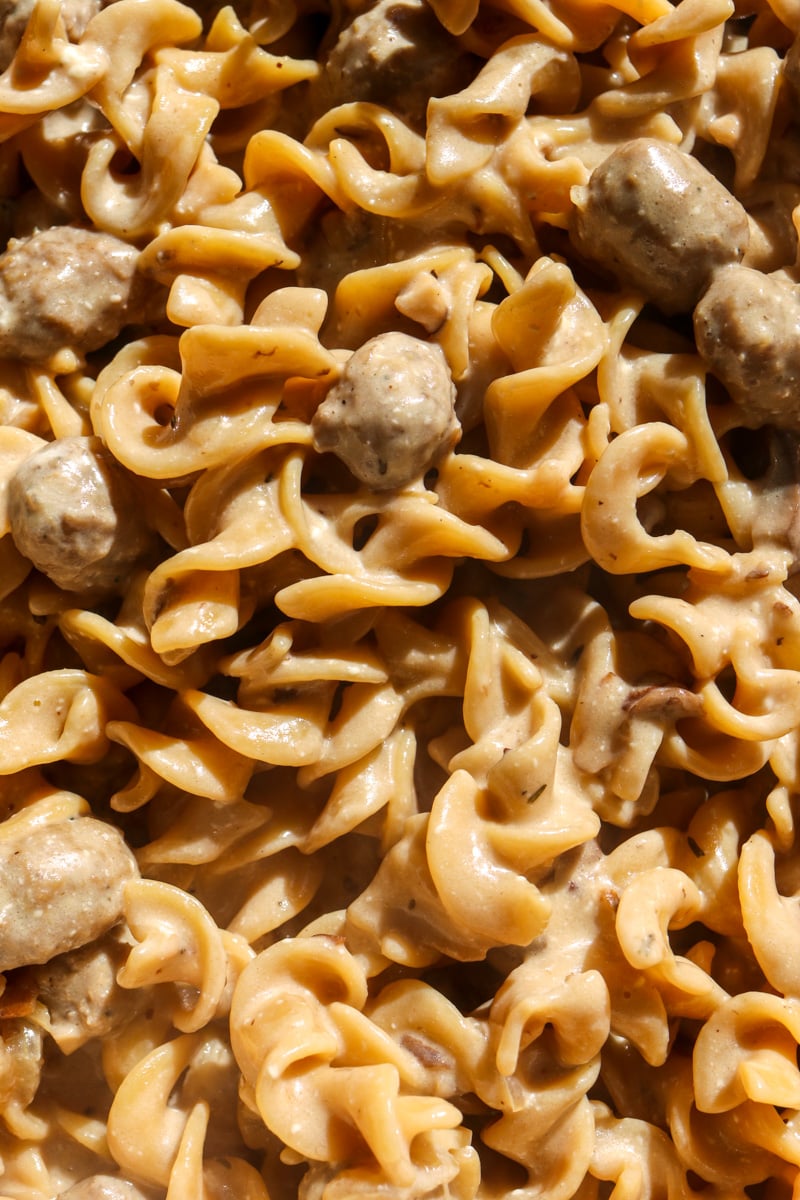 a close up of the texture of a one pot frozen meatball stroganoff.