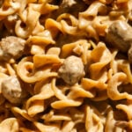a close up of the texture of a one pot frozen meatball stroganoff.