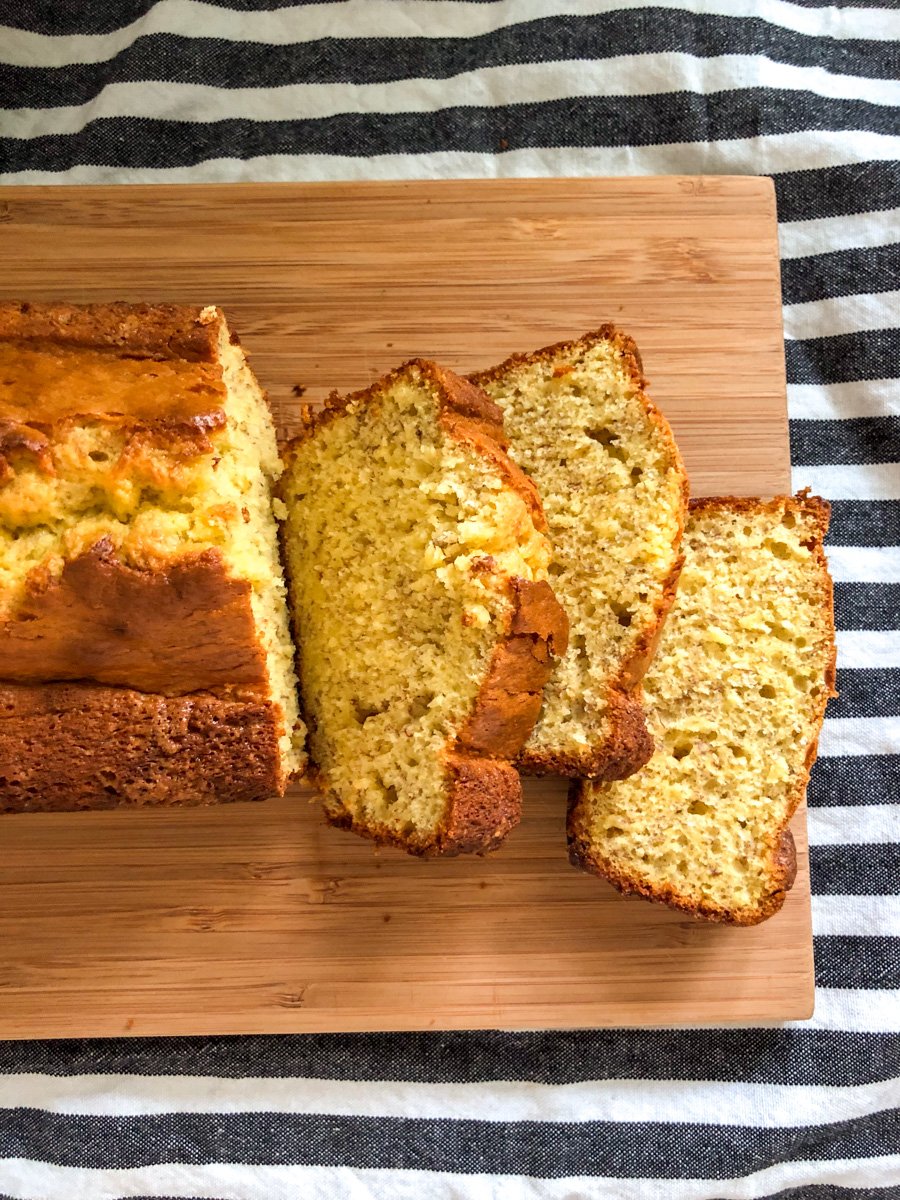 an overhead view of a loaf of banana bread.