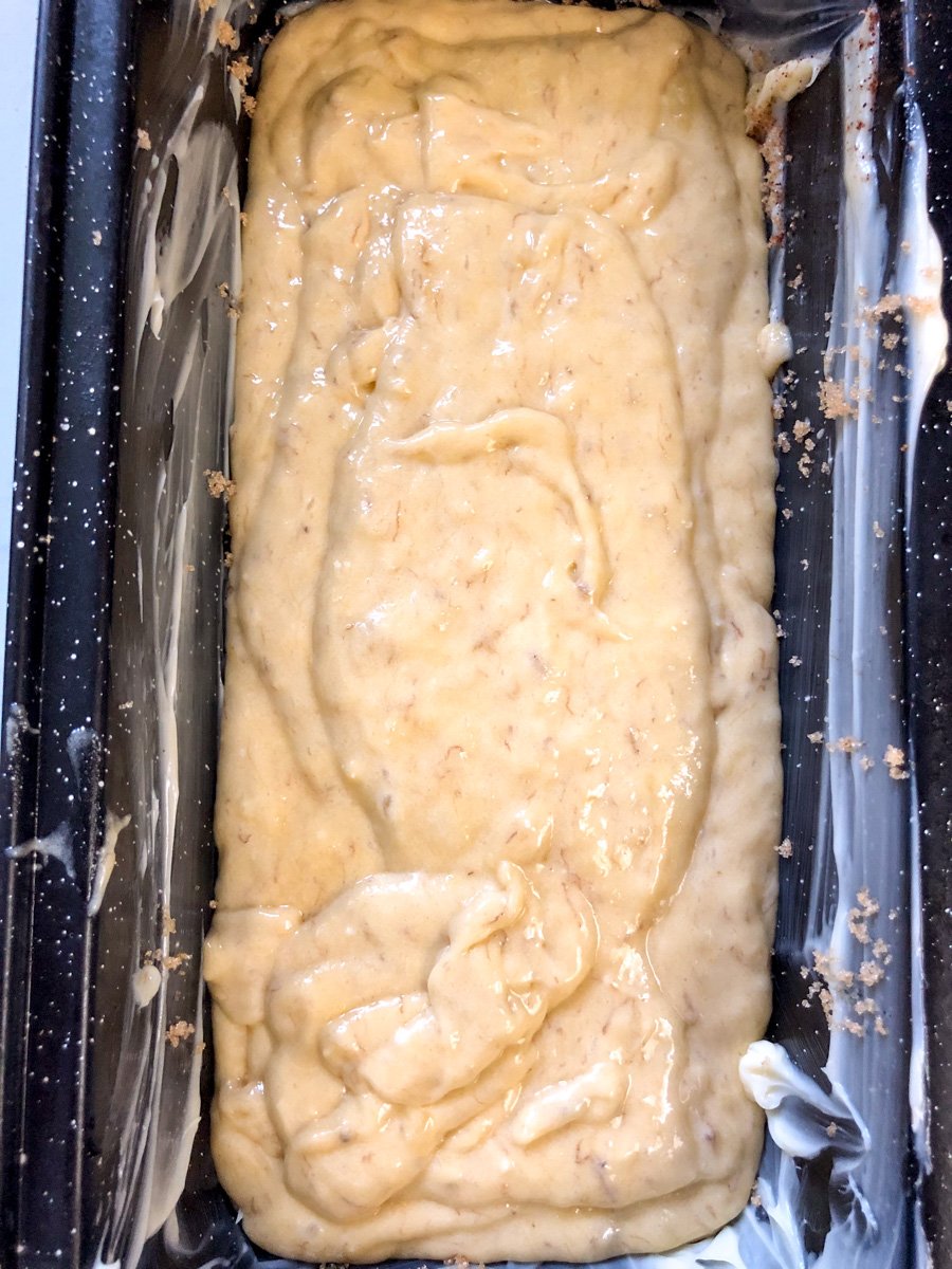 cake mix banana bread in a loaf pan about to be baked.