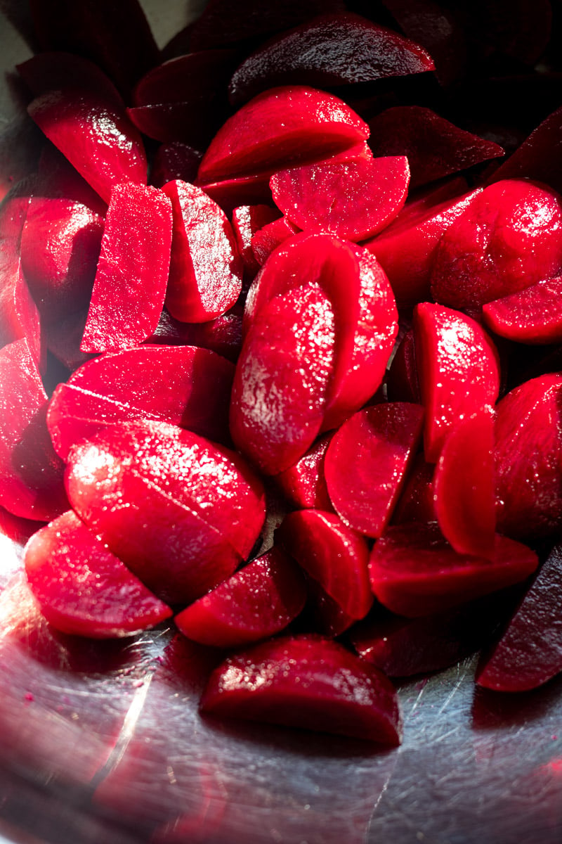 chopped pickled beets in a bowl.