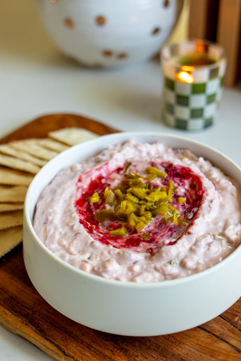 a birdseye view of this easy no bake cheese dip that's flavored with raspberry and jalapenos. 