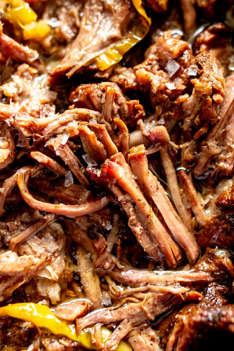 an up close textural view of the pulled beef tendrils. 