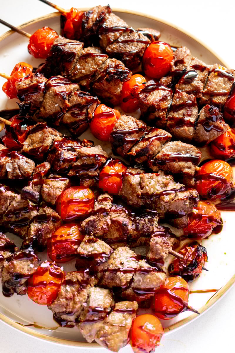 balsamic glazed drizzled over steak skewers. 