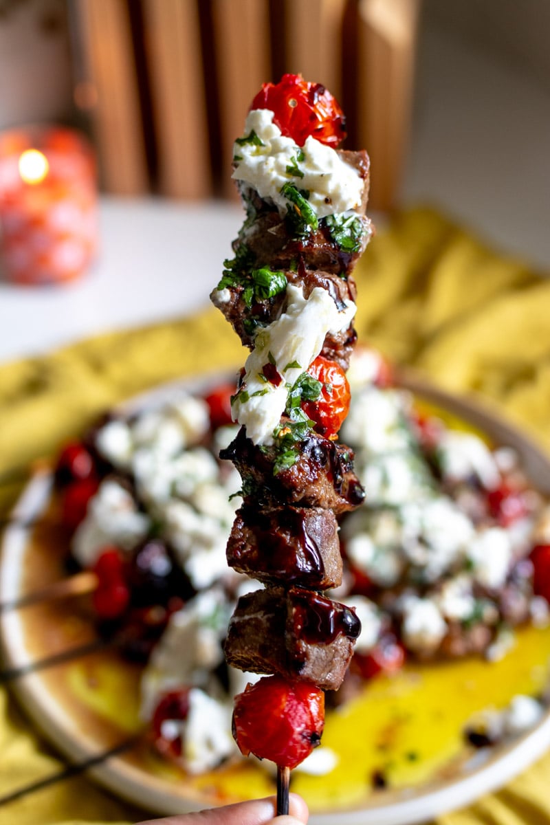 a hand holding a singular petite sirloin steak skewer. 