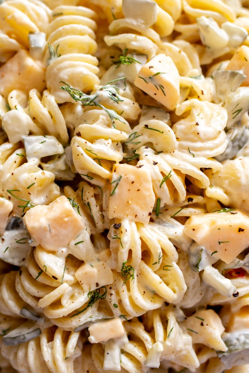 an up close view of the texture of this dill pickle pasta salad. 