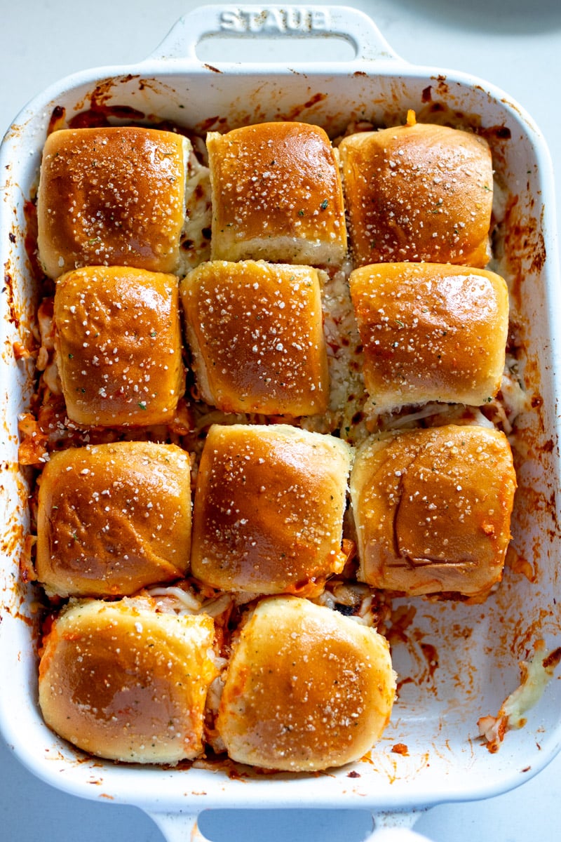 chicken parm sliders in a baking dish.