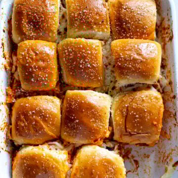 chicken parm sliders in a baking dish.