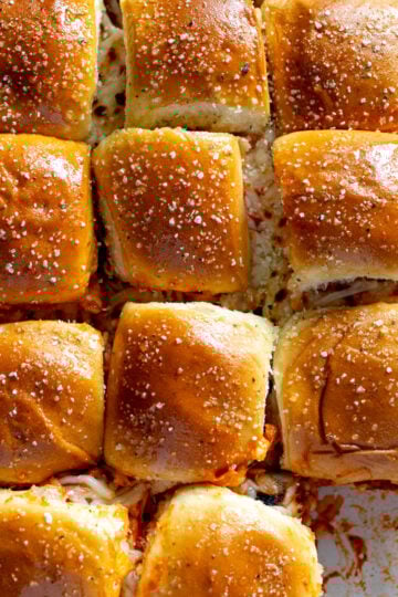 chicken parm sliders in a baking dish.
