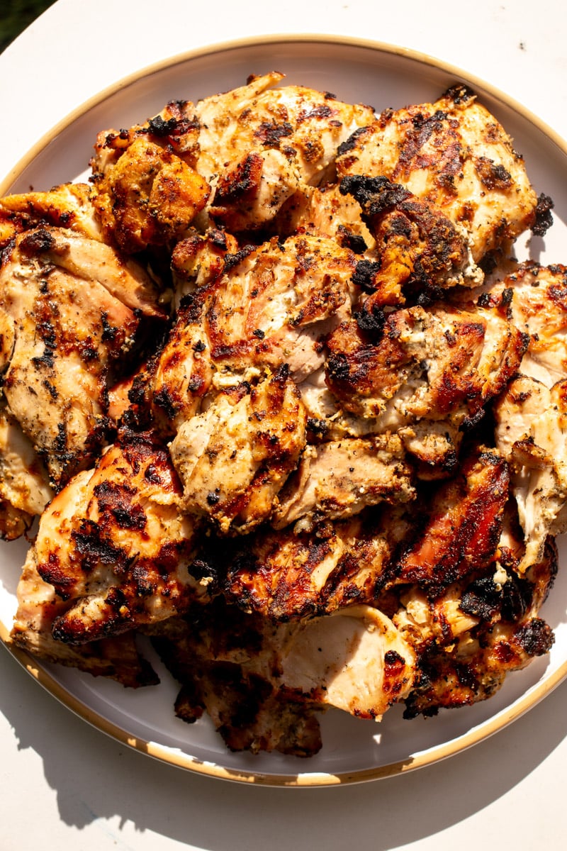 an up close view of some grilled chicken thighs.