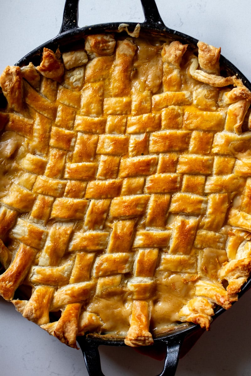 an overhead view of lattice chicken pot pie. 