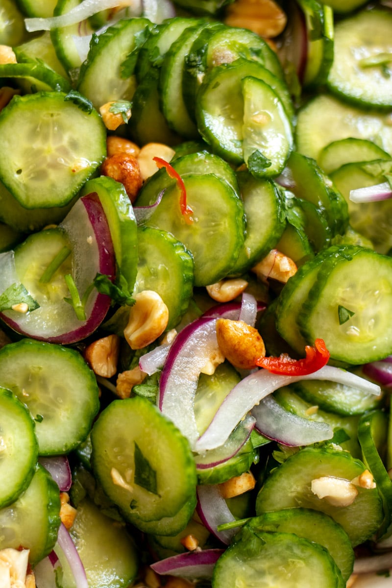 a close up view of teh texture of this thai cucumber salad.