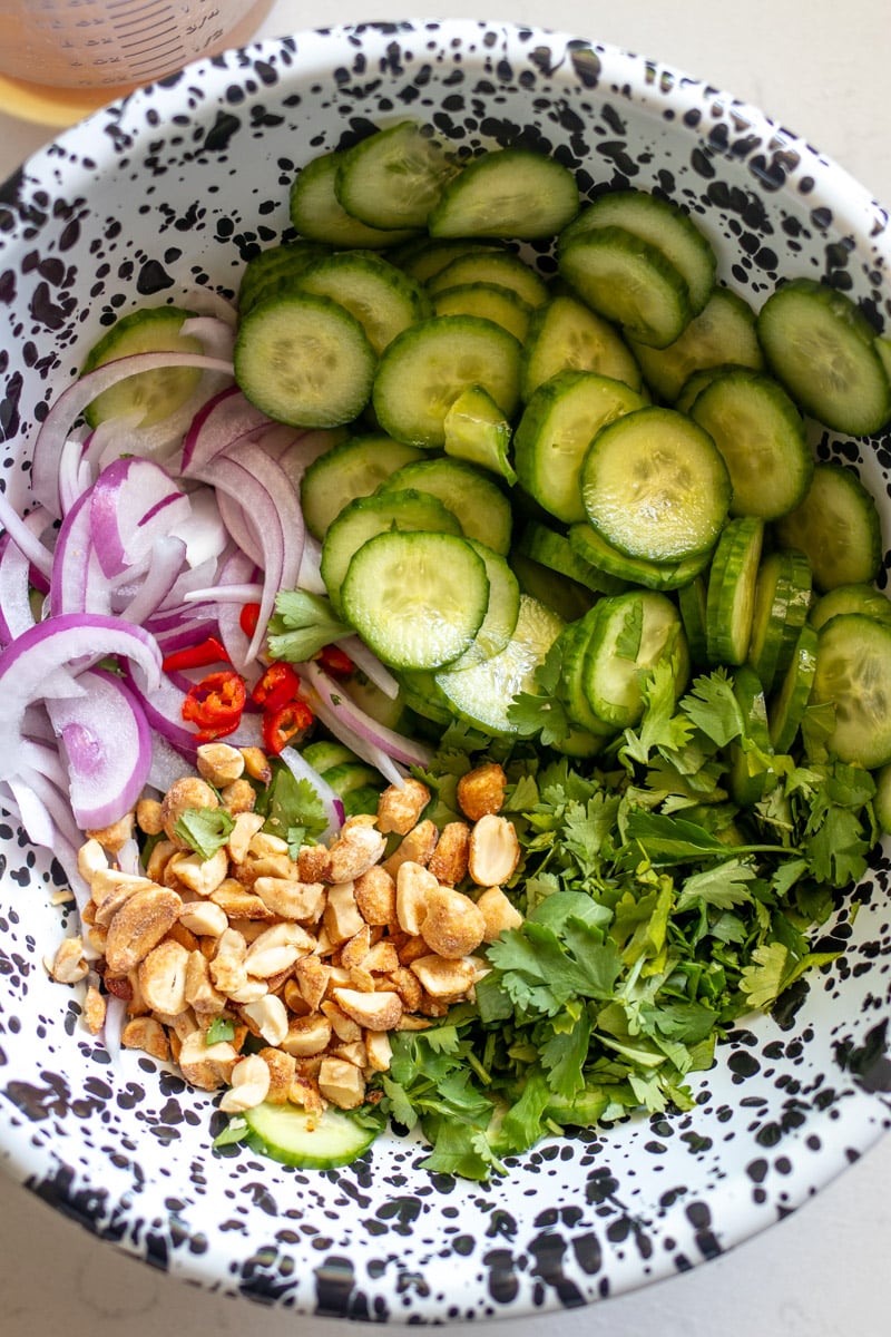 all the ingredients needed to make this easy thai cucumber salad.