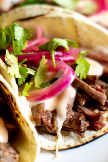 a shredded beef taco on a plate with queso dip, pickled red onion and cilantro.