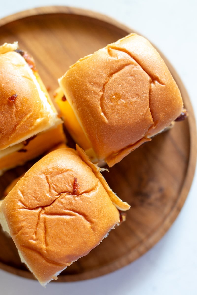 an overhead view of fluffy egg sandwiches made on kings hawaiian rolls.