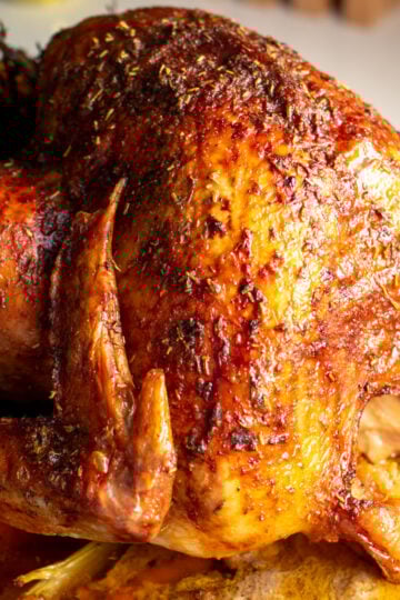 a beautiful thanksgiving turkey that's golden brown and super juicy laying on a bed of roasted vegetables in a roasting pan.