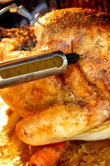 a beautiful golden brown turkey being injected with a flavorful butter mixture.