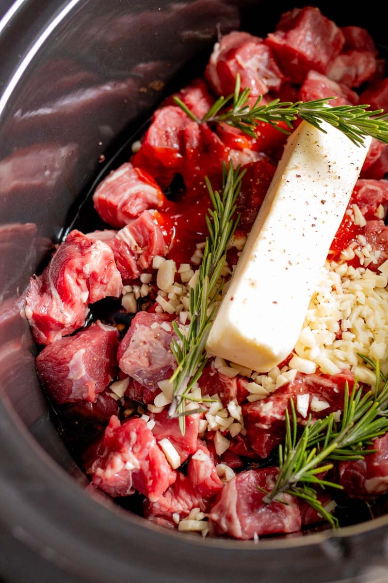 all the ingredients needed to make these garlic butter steak bites in the crockpot.