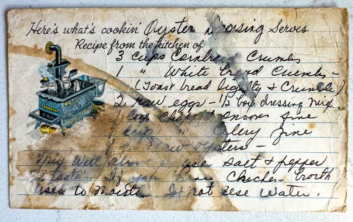 a hand written recipe card that was passed down from my southern grandma - with lots of stains to show how often it was used.