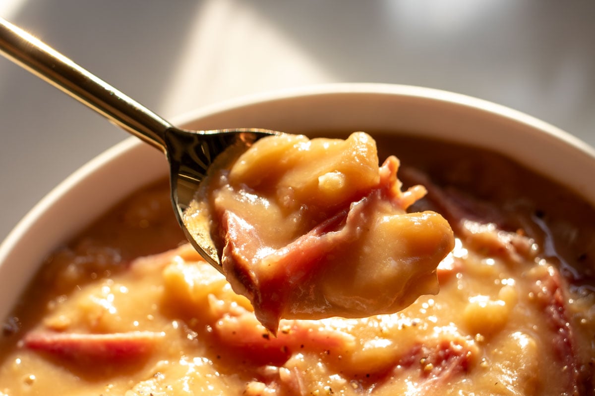 a spoon holding a scoop of crockpot soup beans.