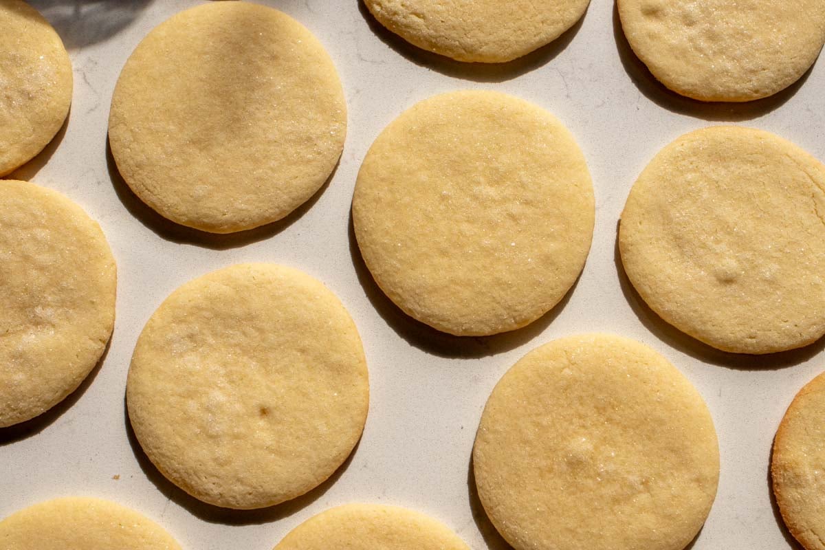a table full of perfectly baked sugar cookie dough that are perfect circles.