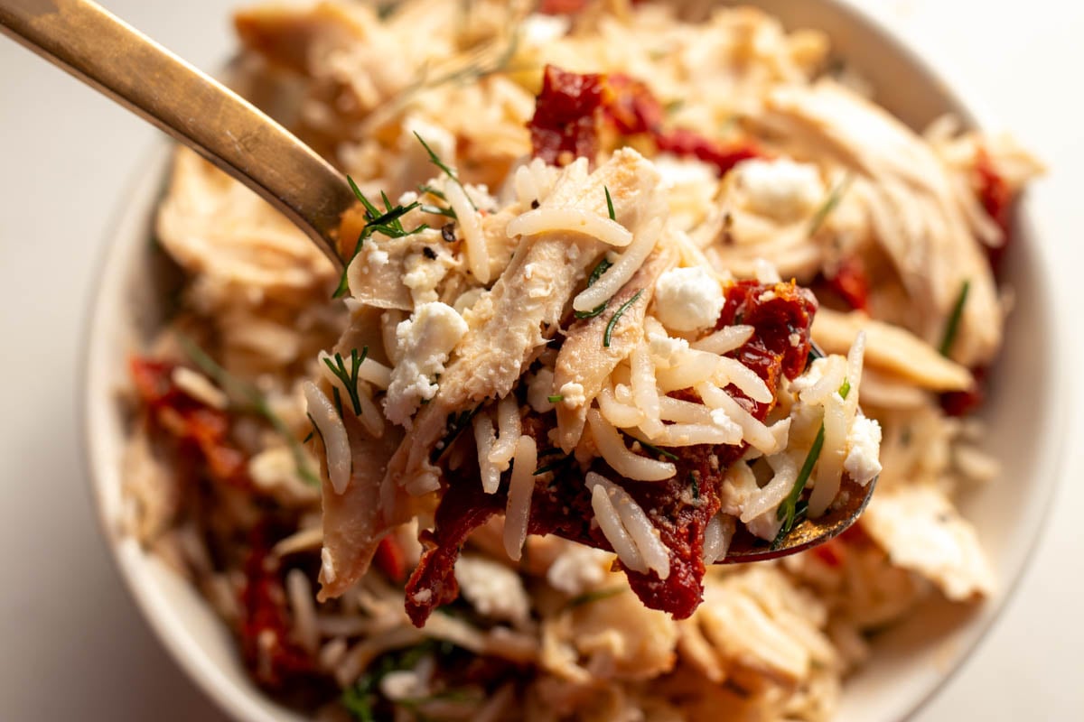 a spoonful of chicken and rice with sun dried tomatoes, feta, lemon and dill.