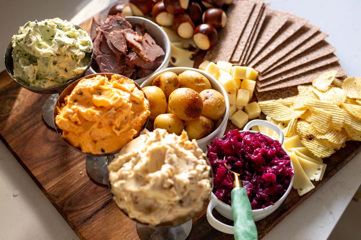 an overhead look of st patricks day flavored butters and snacks.