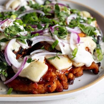 a white plate full of golden red bbq chicken topped with melted cheddar, onion, cilantro and scallions.