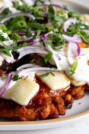 a white plate full of golden red bbq chicken topped with melted cheddar, onion, cilantro and scallions.