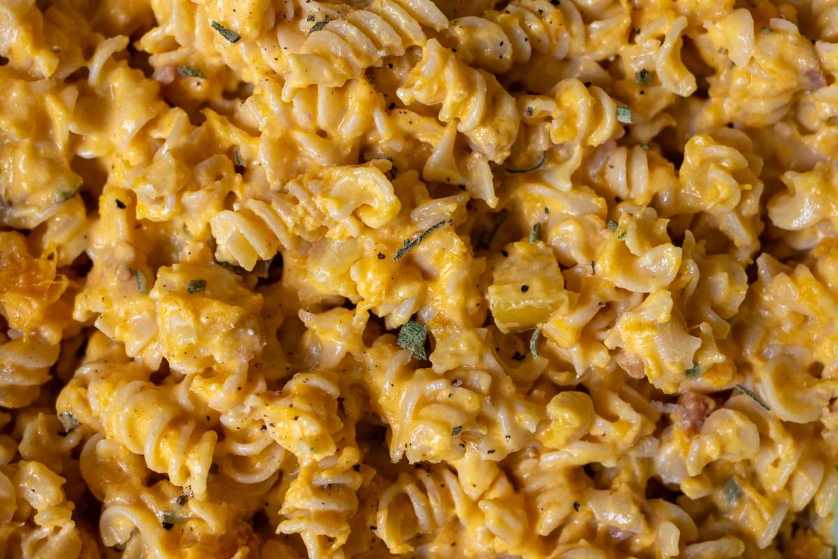 an overhead view of the texture of this goat cheese pasta in a large blue baking dish.