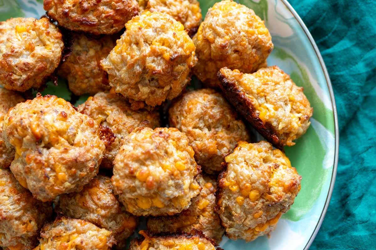 a close up of the texture of these cheesy sausage bites.