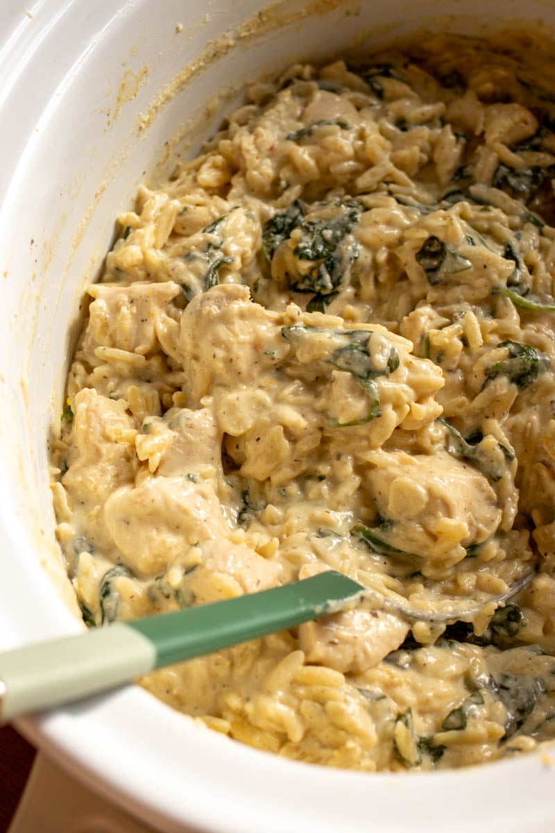 a spoon scooping up some creamy chicken orzo out of a cream colored crockpot.
