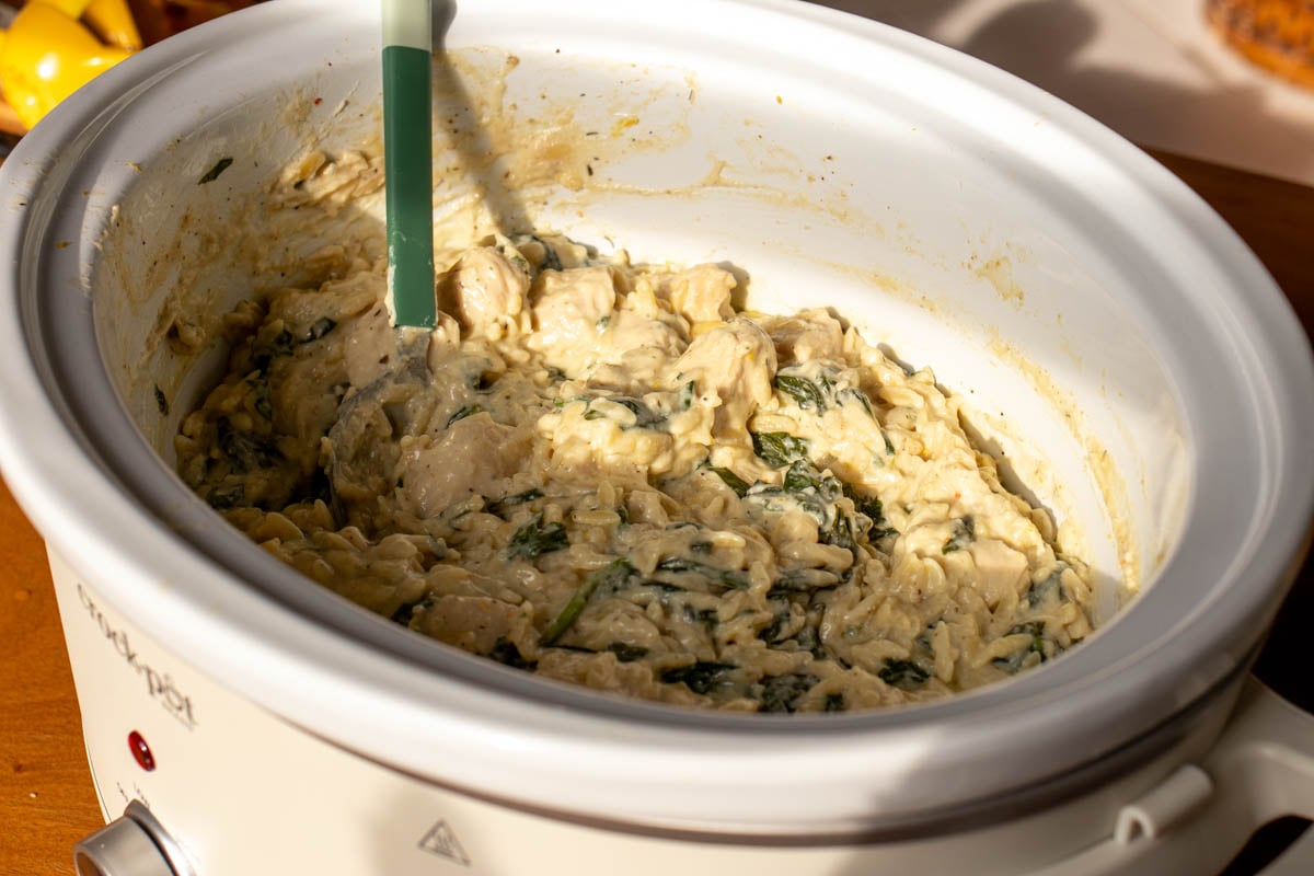 a large crockpot slow cooker filled with creamy chicken orzo.